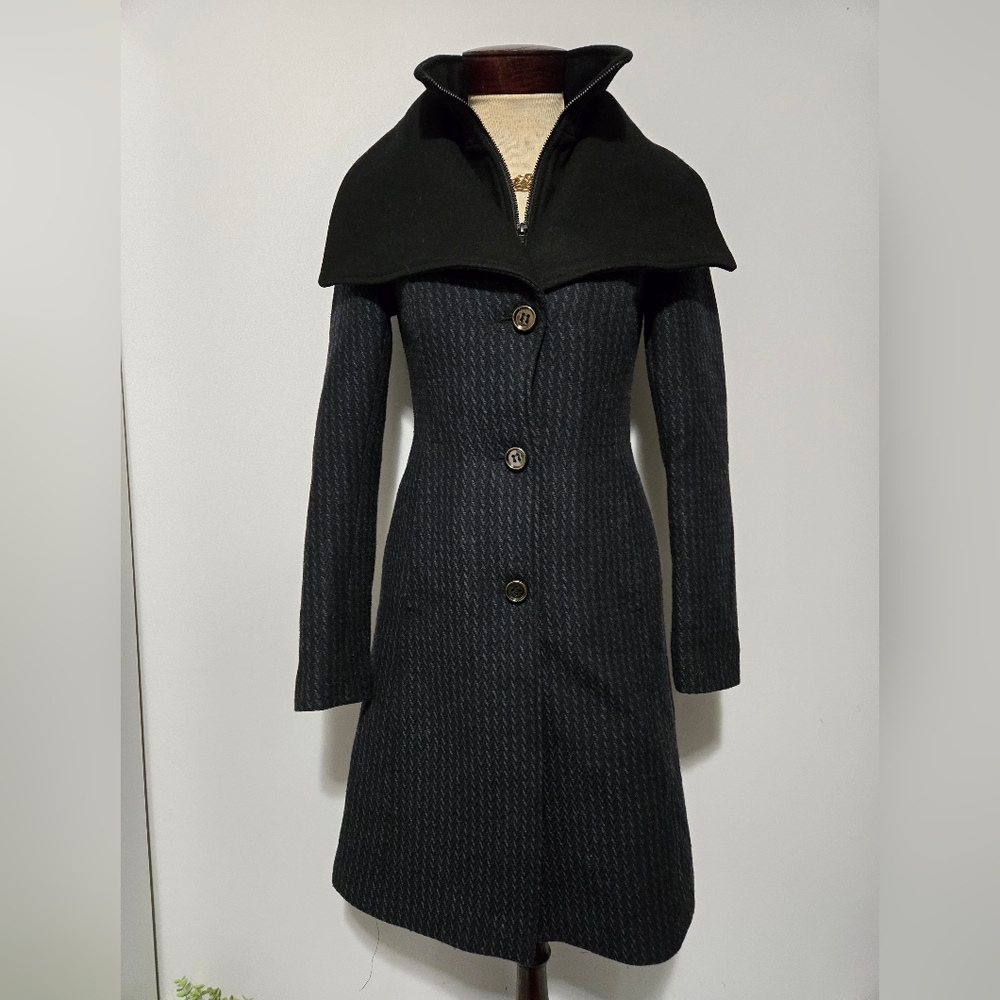 SOIA & KYO Black/ Grey Wool Coat With Oversized Collar And Inner Zip. Size XXS - Picture 1 of 16